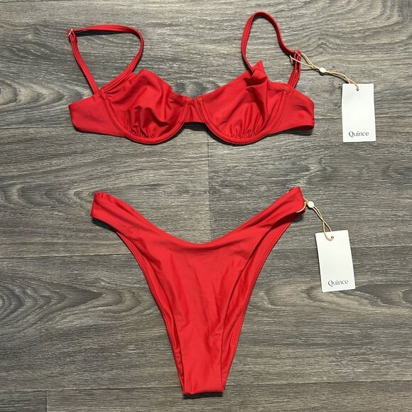 NWT Quince Small Italian Demi Bikini Top High Leg Cheeky Bottom Red Cherry Swim - Picture 1 of 11